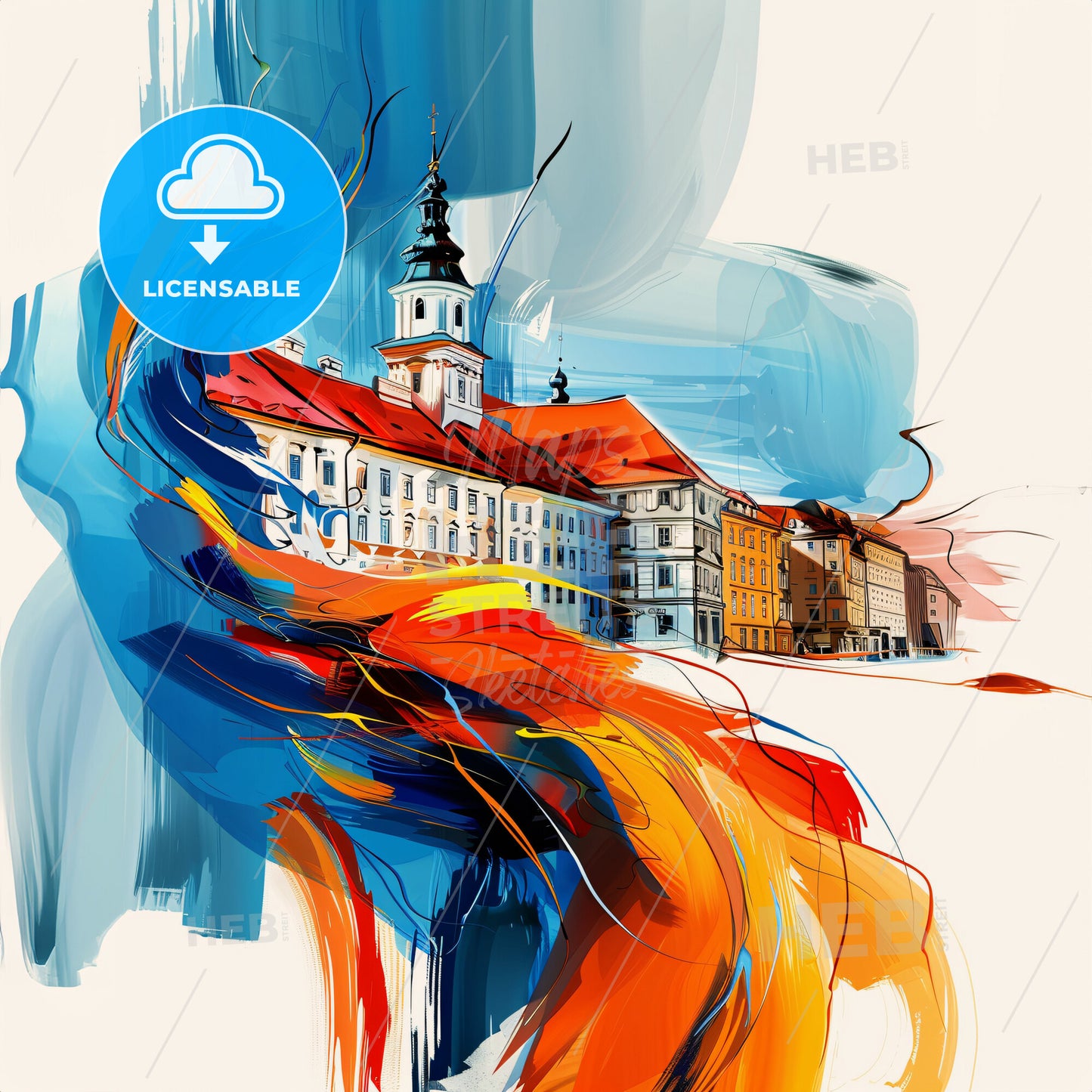 Vibrant Bratislava, Slovakia - A Painting Of A Building With A Tower And A Colorful Background