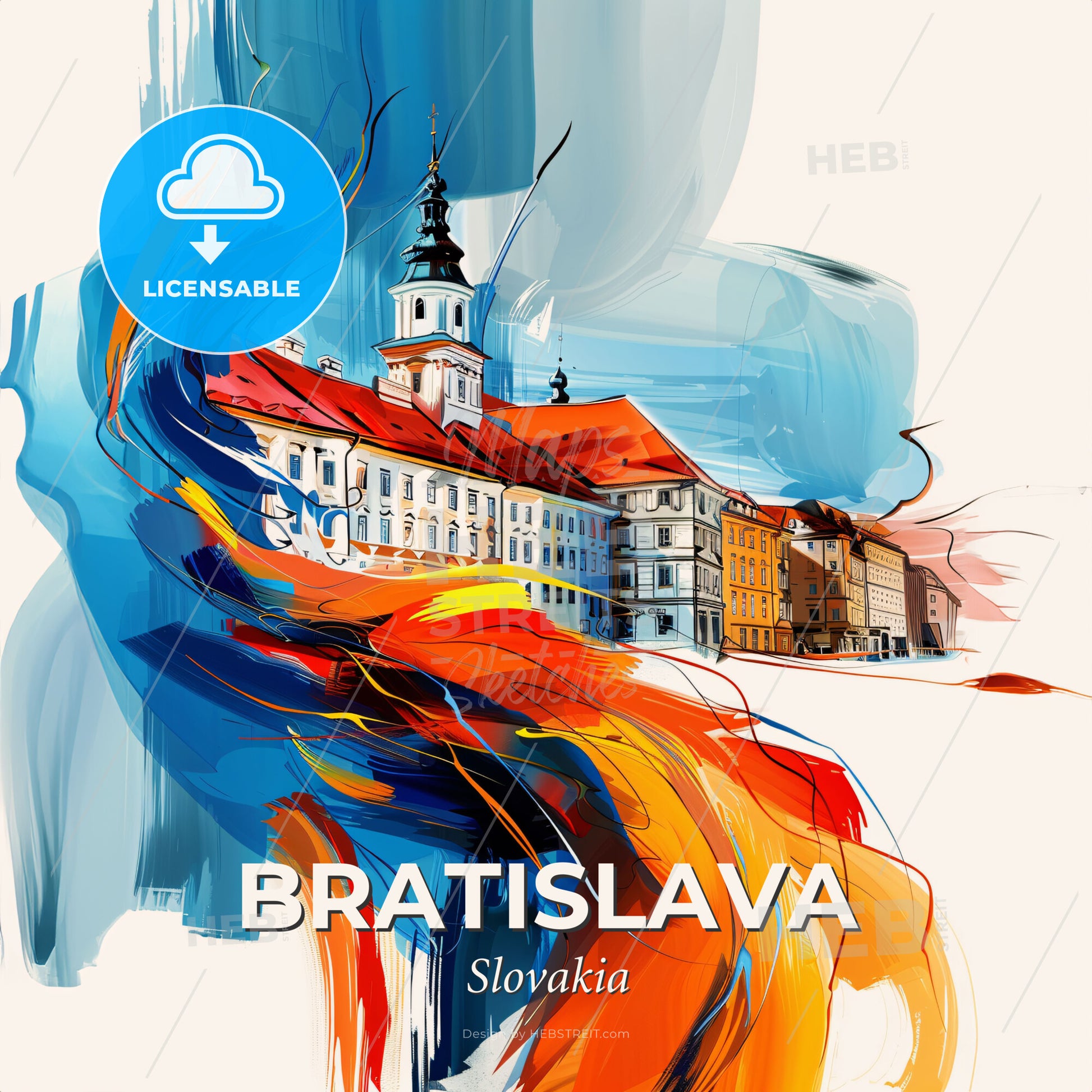 Vibrant Bratislava, Slovakia - A Painting Of A Building With A Tower And A Colorful Background - Square format print template