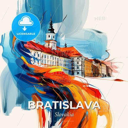 Vibrant Bratislava, Slovakia - A Painting Of A Building With A Tower And A Colorful Background - Square format print template