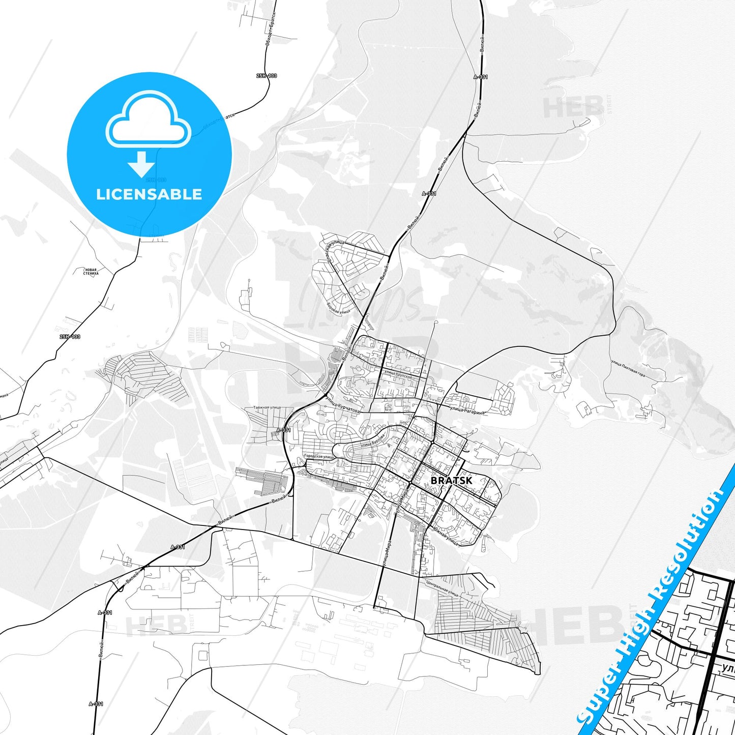 Bratsk, Russia light map with streetnames, citynames and districts