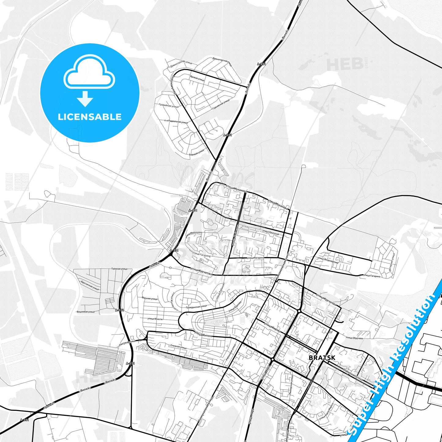 Bratsk, Russia Light Map with Street Names, City Names, and Districts