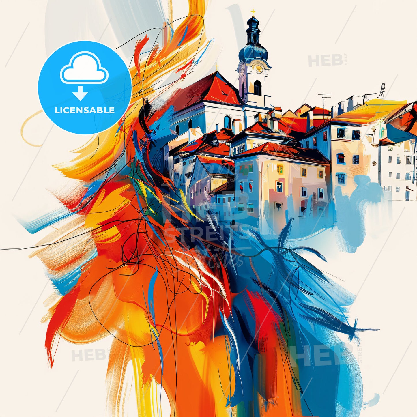 Vibrant Braunau Am Inn, Austria - A Painting Of A Building With A Tower And A Church