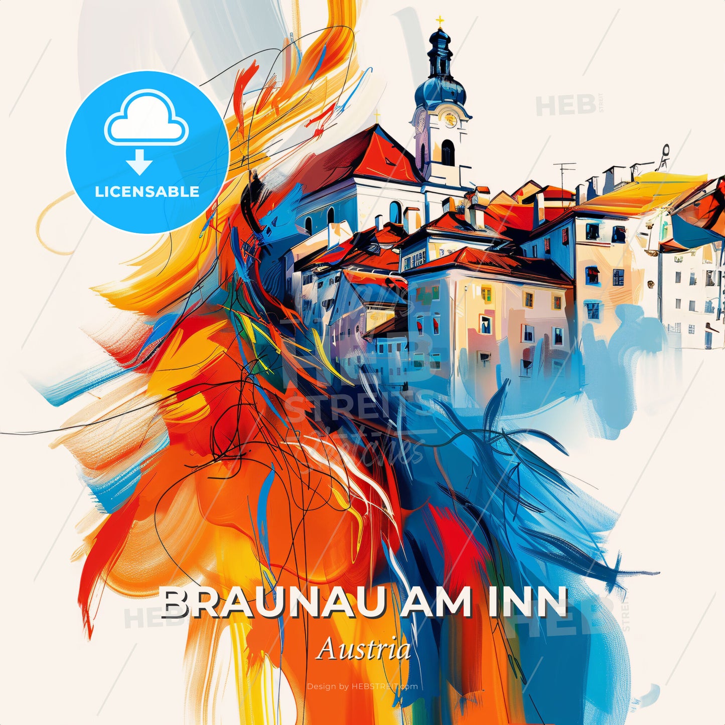 Vibrant Braunau Am Inn, Austria - A Painting Of A Building With A Tower And A Church - Square format print template