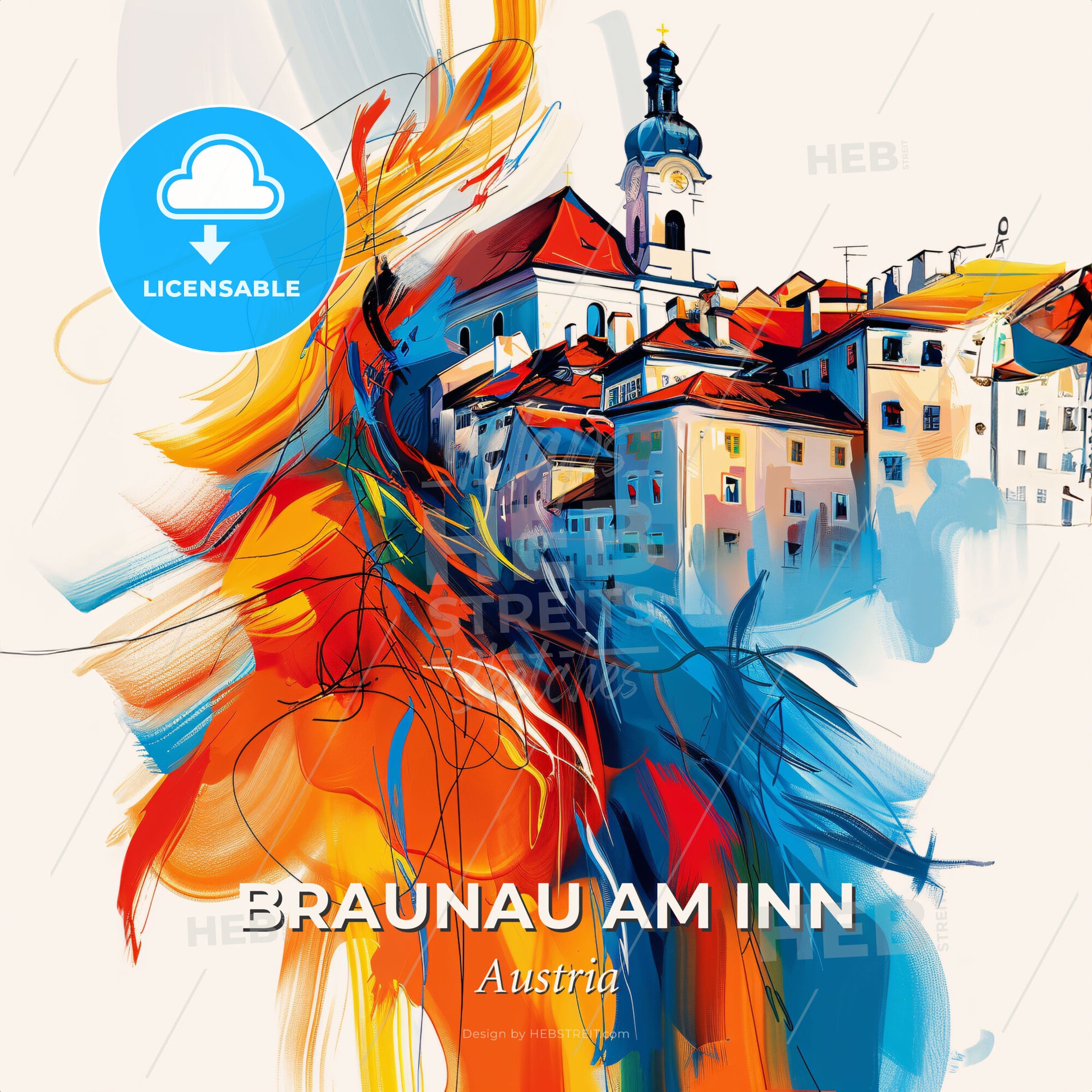 Vibrant Braunau Am Inn, Austria - A Painting Of A Building With A Tower And A Church - Square format print template