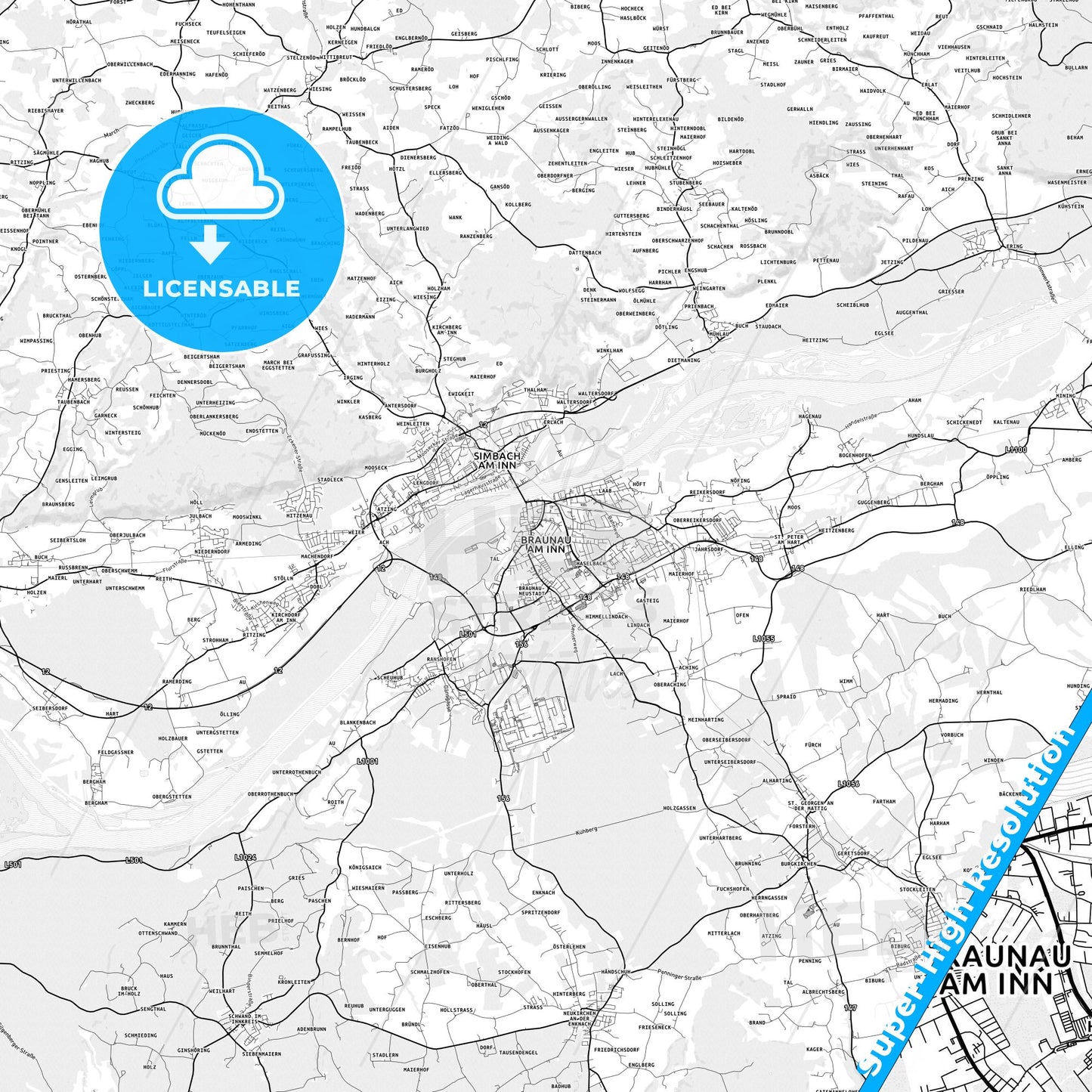 Braunau am Inn, Austria light map with streetnames, citynames and districts