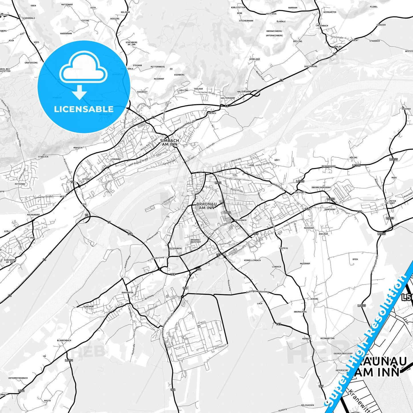 Braunau am Inn, Austria Light Map with Street Names, City Names, and Districts