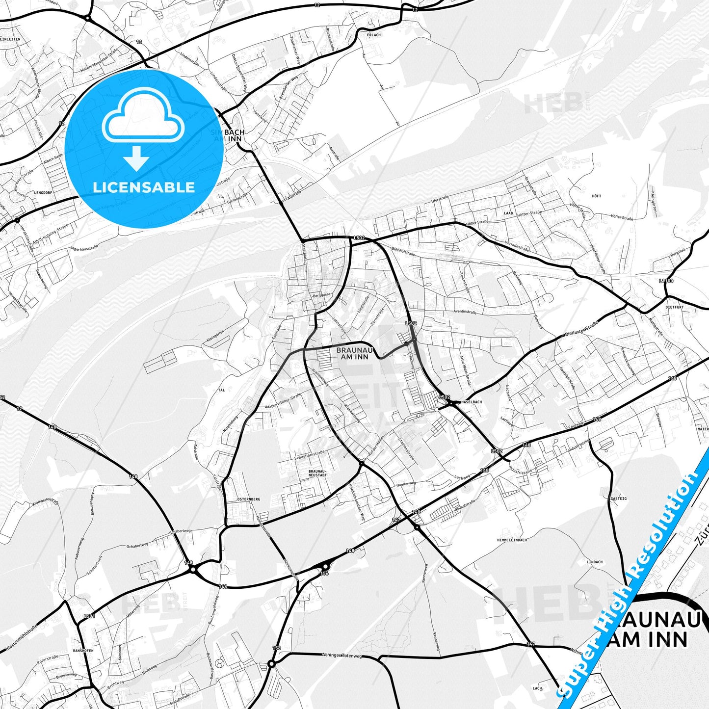 Braunau am Inn, Austria Light Map with Street Names, City Names, and Districts
