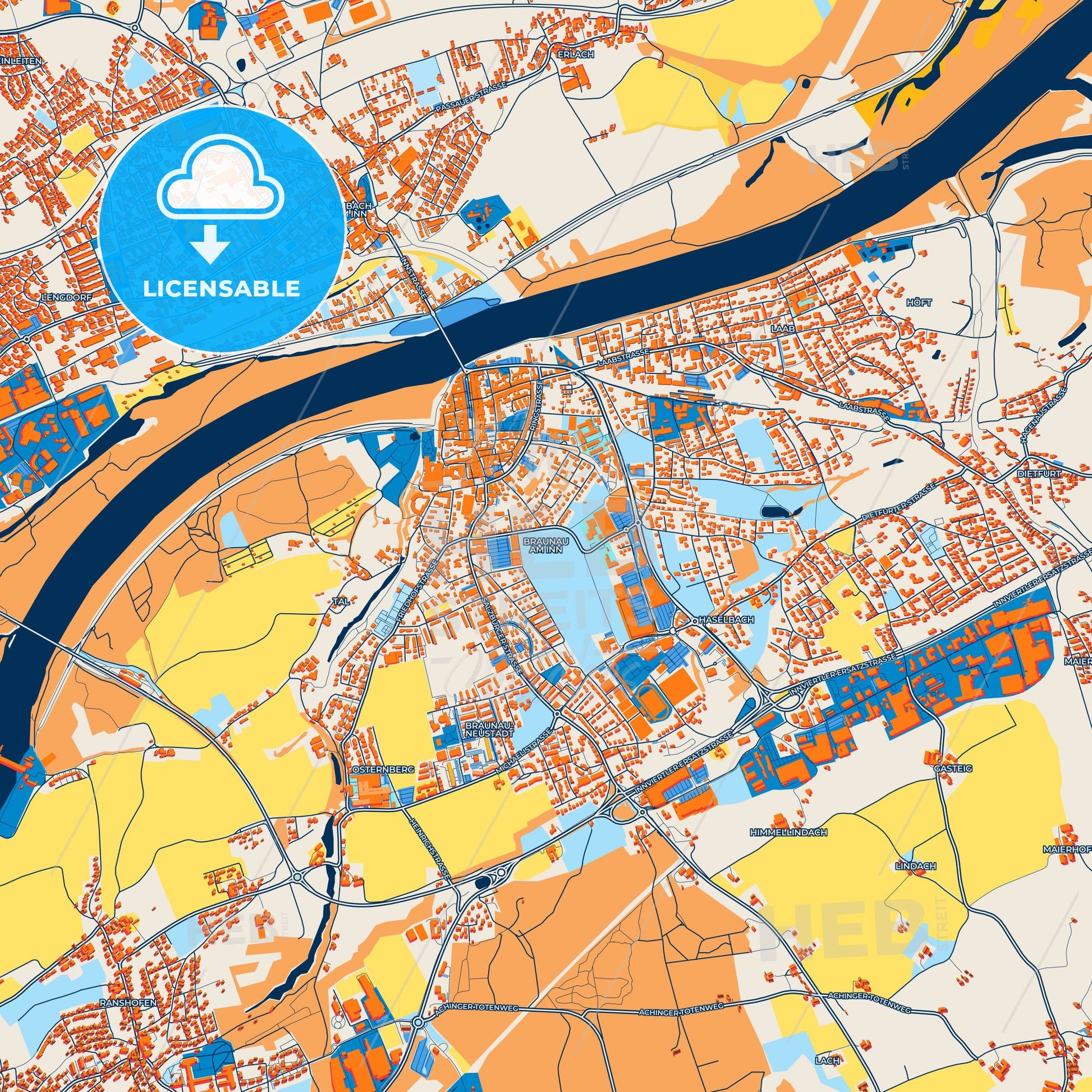 Colorful Braunau am Inn Street Map with Labels and Buildings