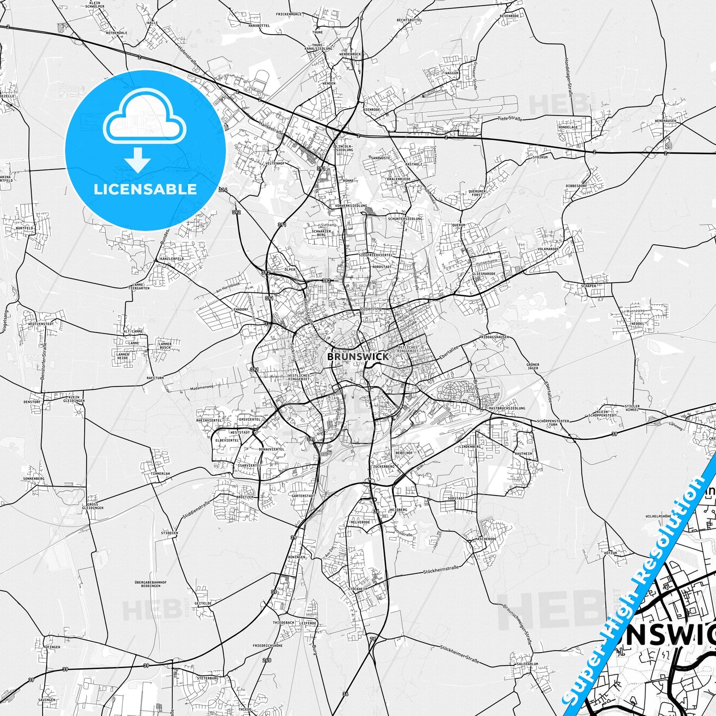 Braunschweig, Germany light map with streetnames, citynames and districts