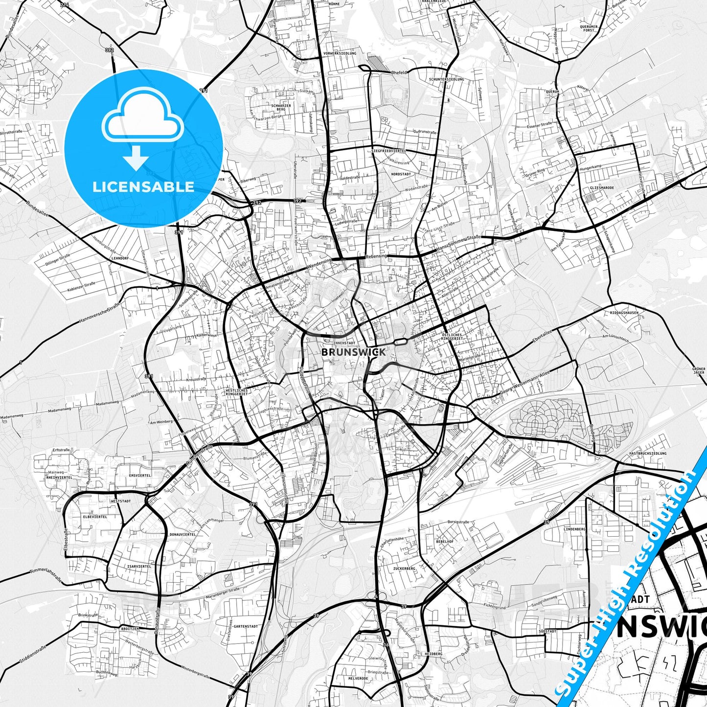 Braunschweig, Germany Light Map with Street Names, City Names, and Districts