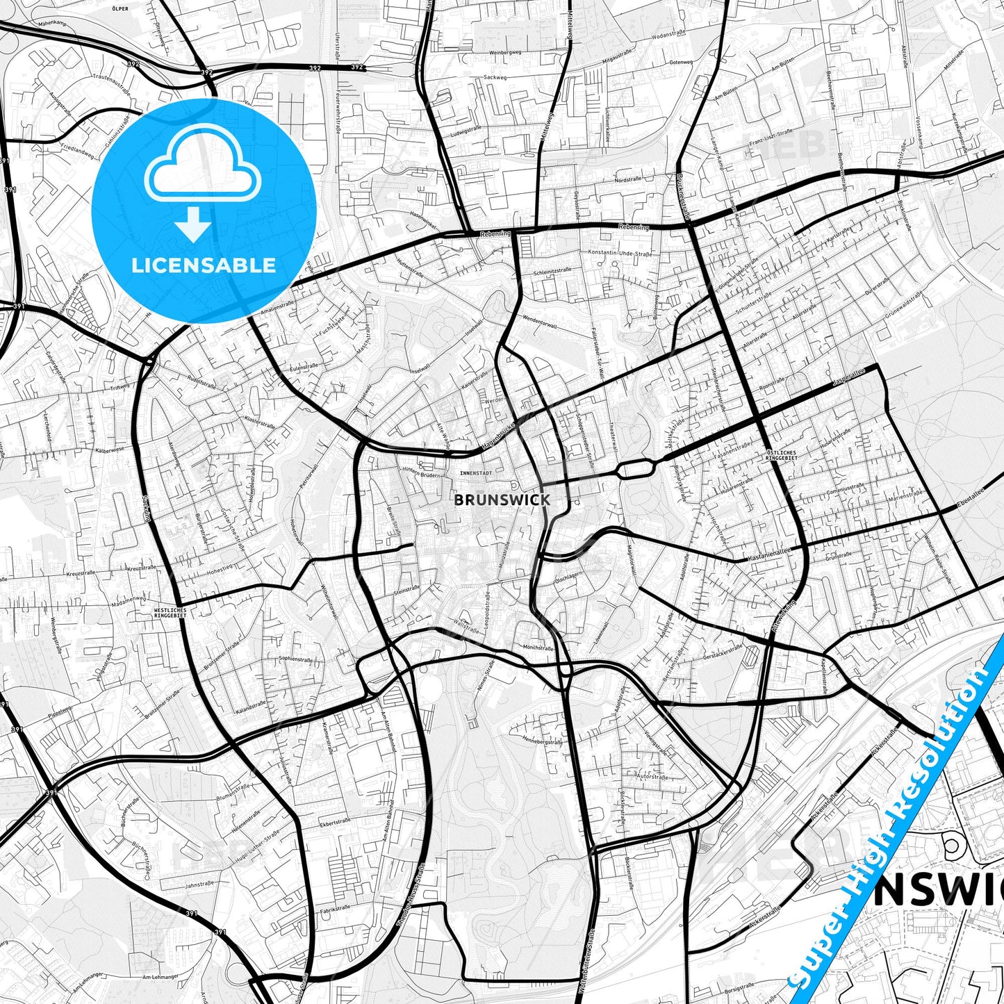 Braunschweig, Germany Light Map with Street Names, City Names, and Districts