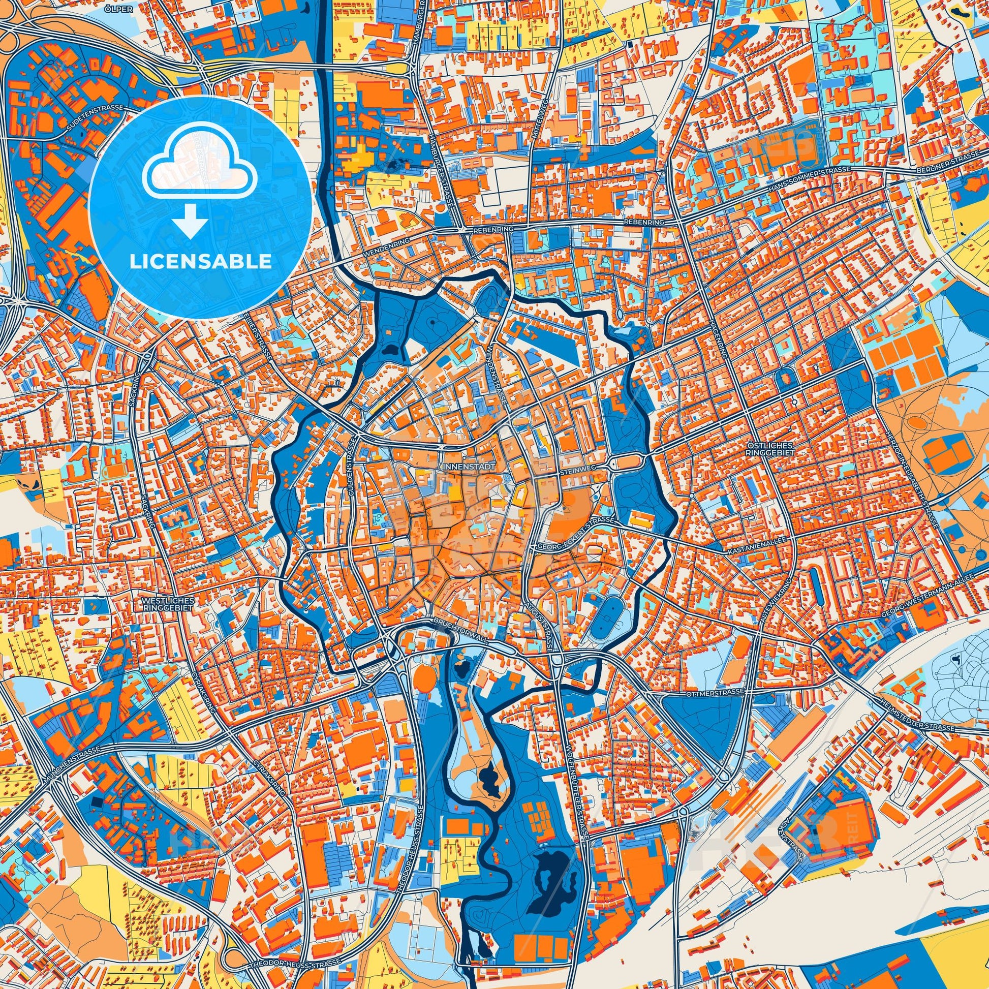 Colorful Braunschweig Street Map with Labels and Buildings