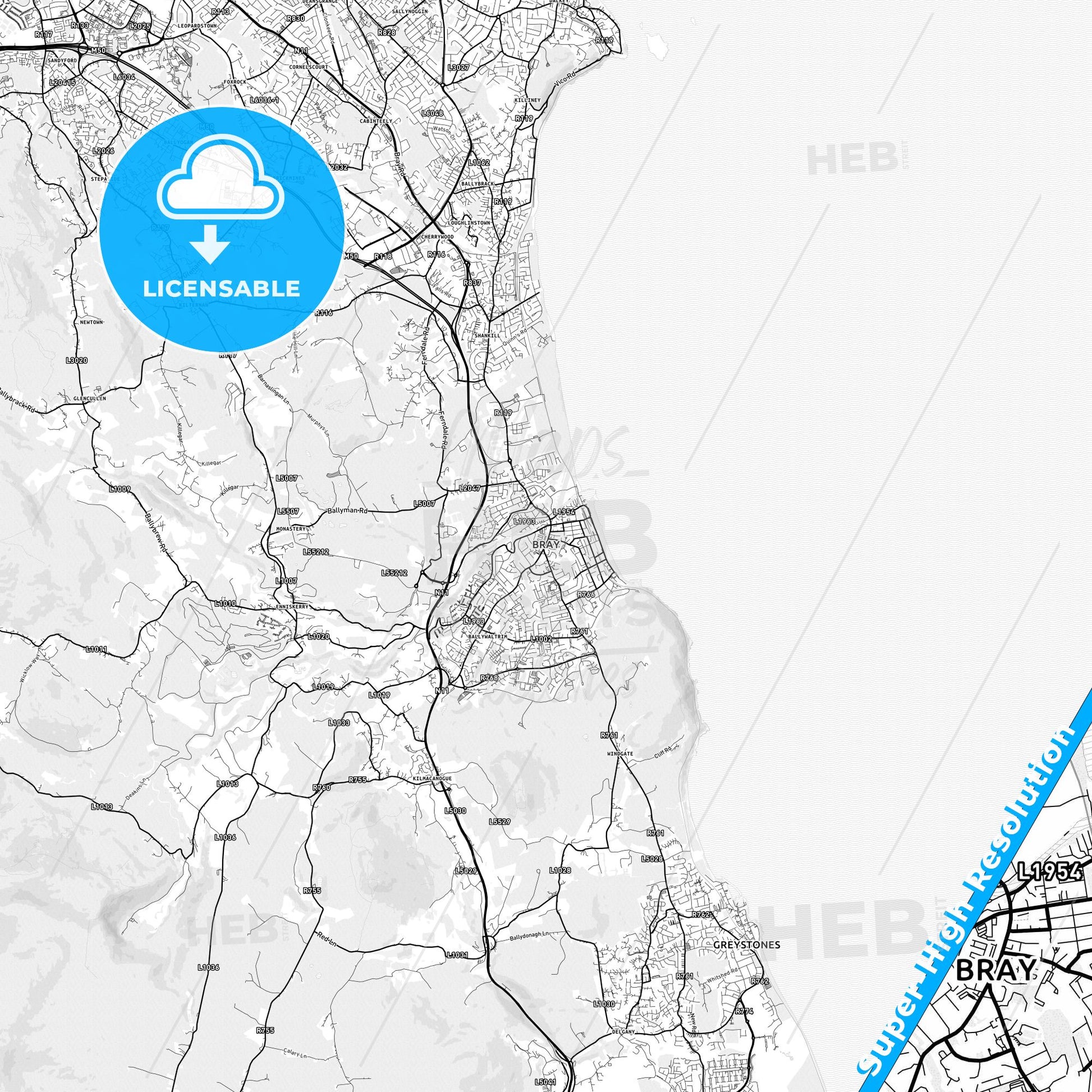 Bray, Ireland light map with streetnames, citynames and districts