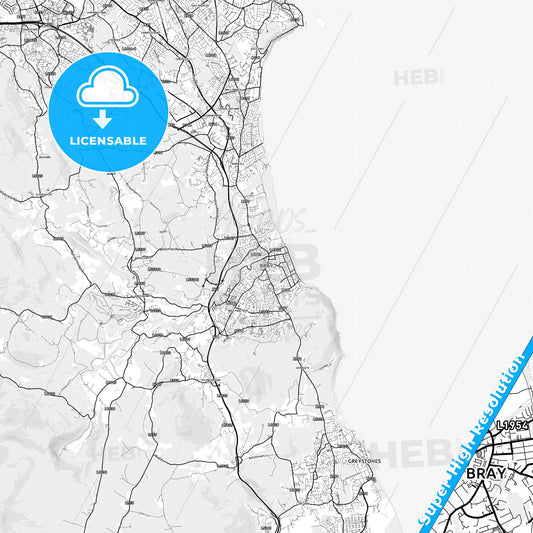 Bray, Ireland light map with streetnames, citynames and districts