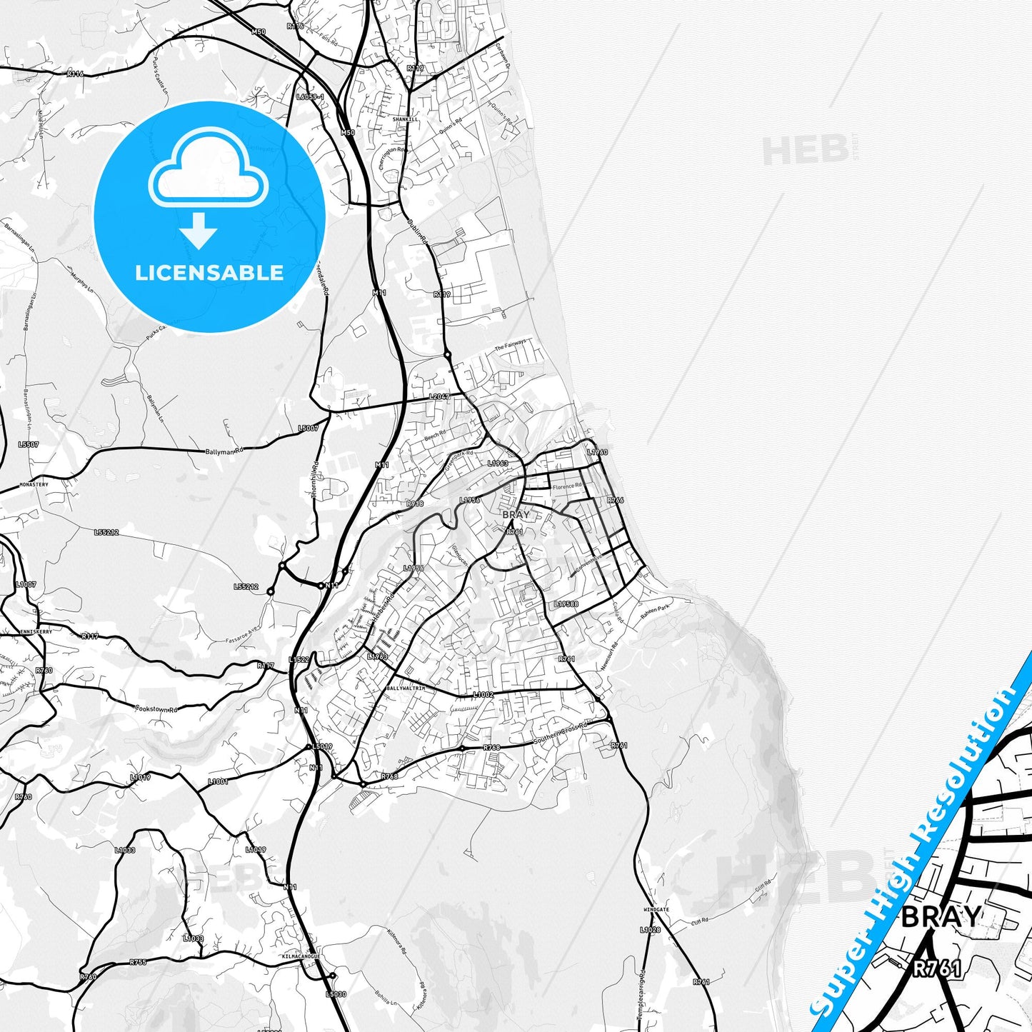 Bray, Ireland Light Map with Street Names, City Names, and Districts