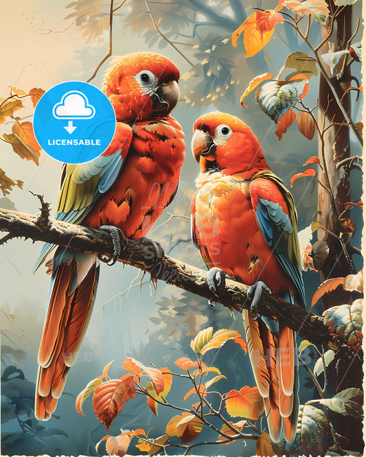 Vibrant Art Painting: Colorful Birds on Branch, Brazil, South America