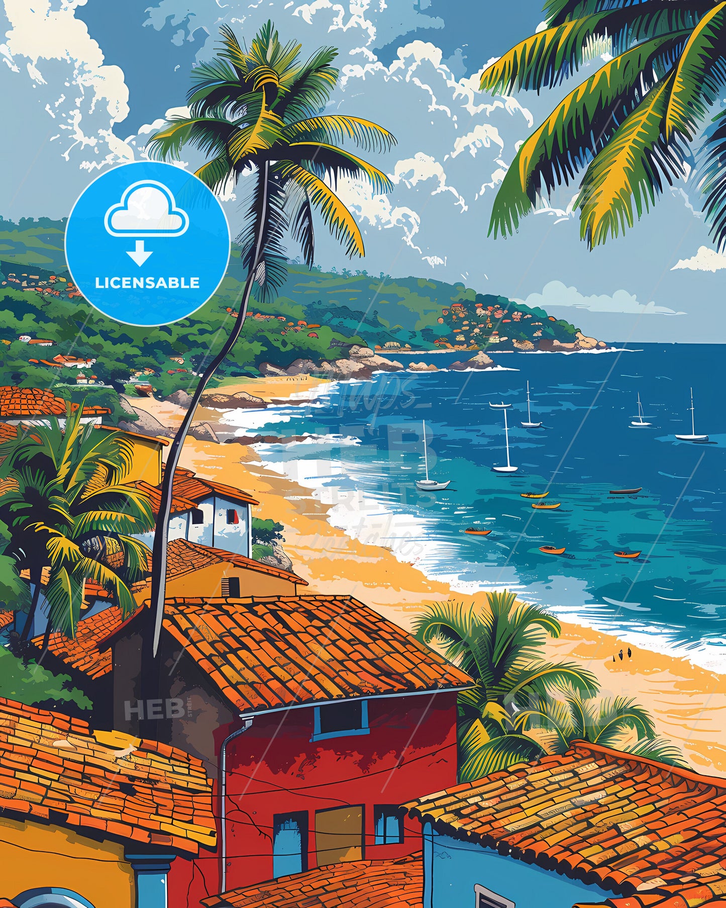 Vibrant Brazilian Beach Scene: Watercolor Painting with Houses and Palm Trees