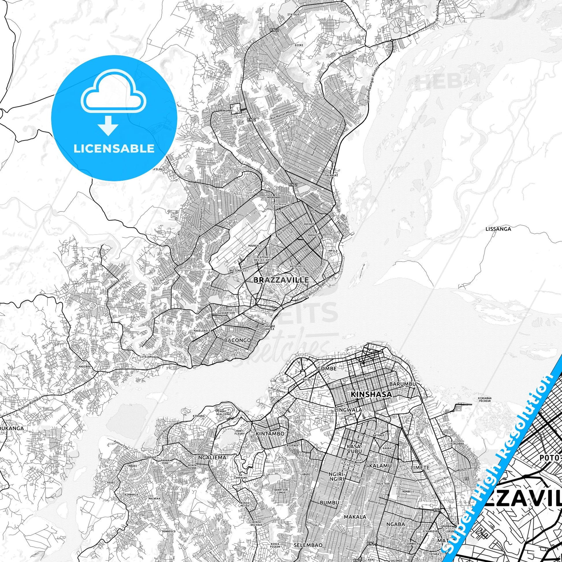 Brazzaville, Republic Of The Congo light map with streetnames, citynames and districts