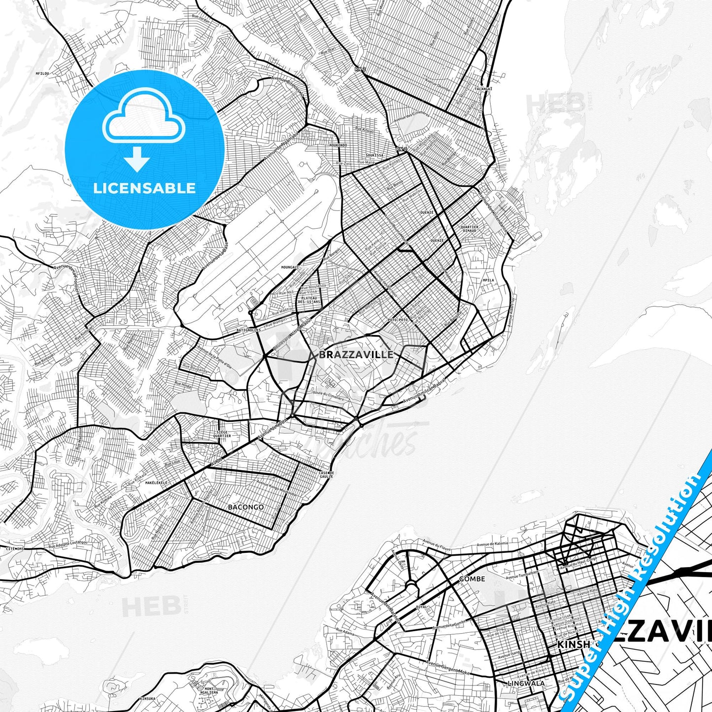 Brazzaville, Republic Of The Congo Light Map with Street Names, City Names, and Districts