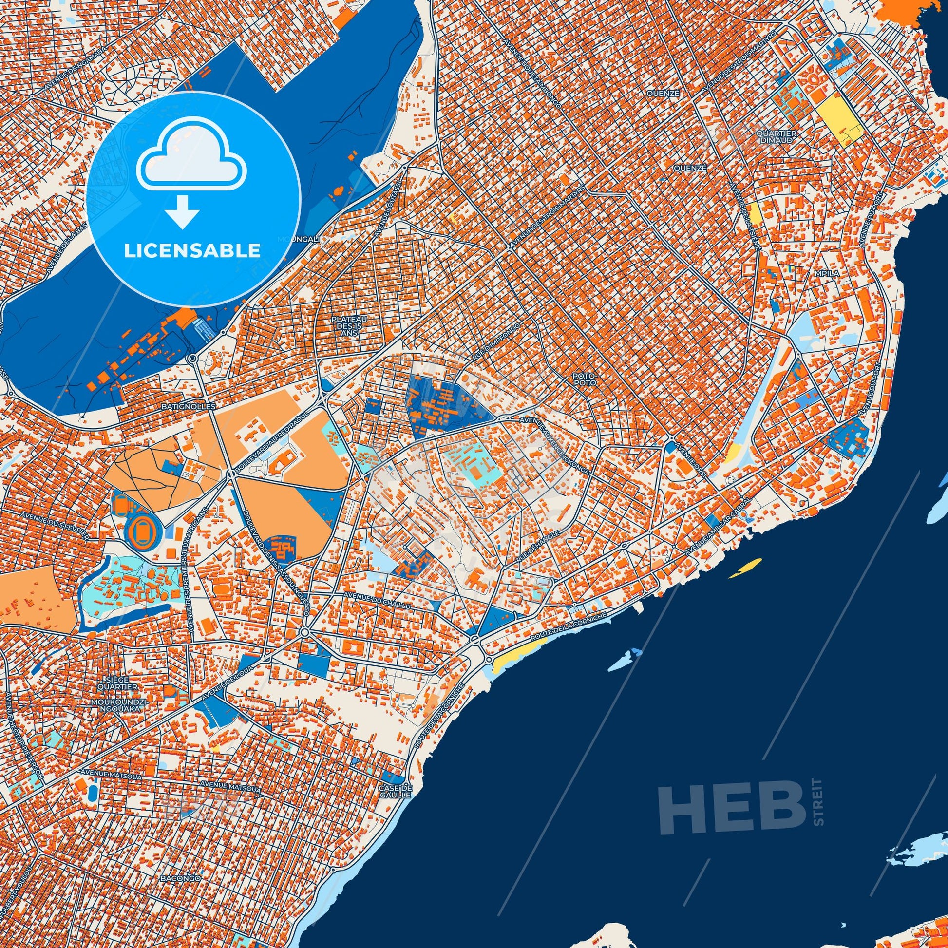 Colorful Brazzaville Street Map with Labels and Buildings