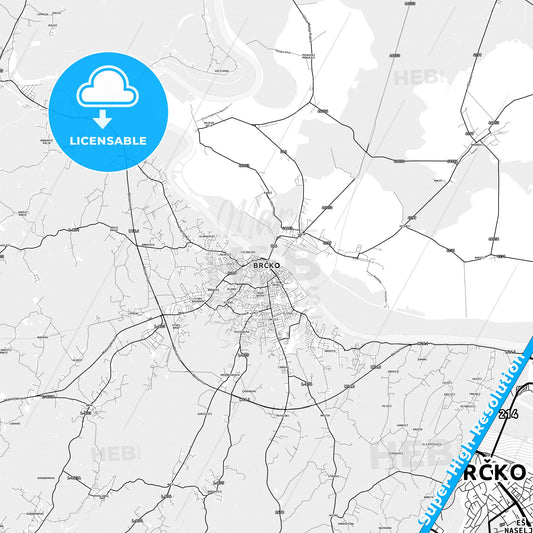 Brčko, Bosnia and Herzegovina light map with streetnames, citynames and districts