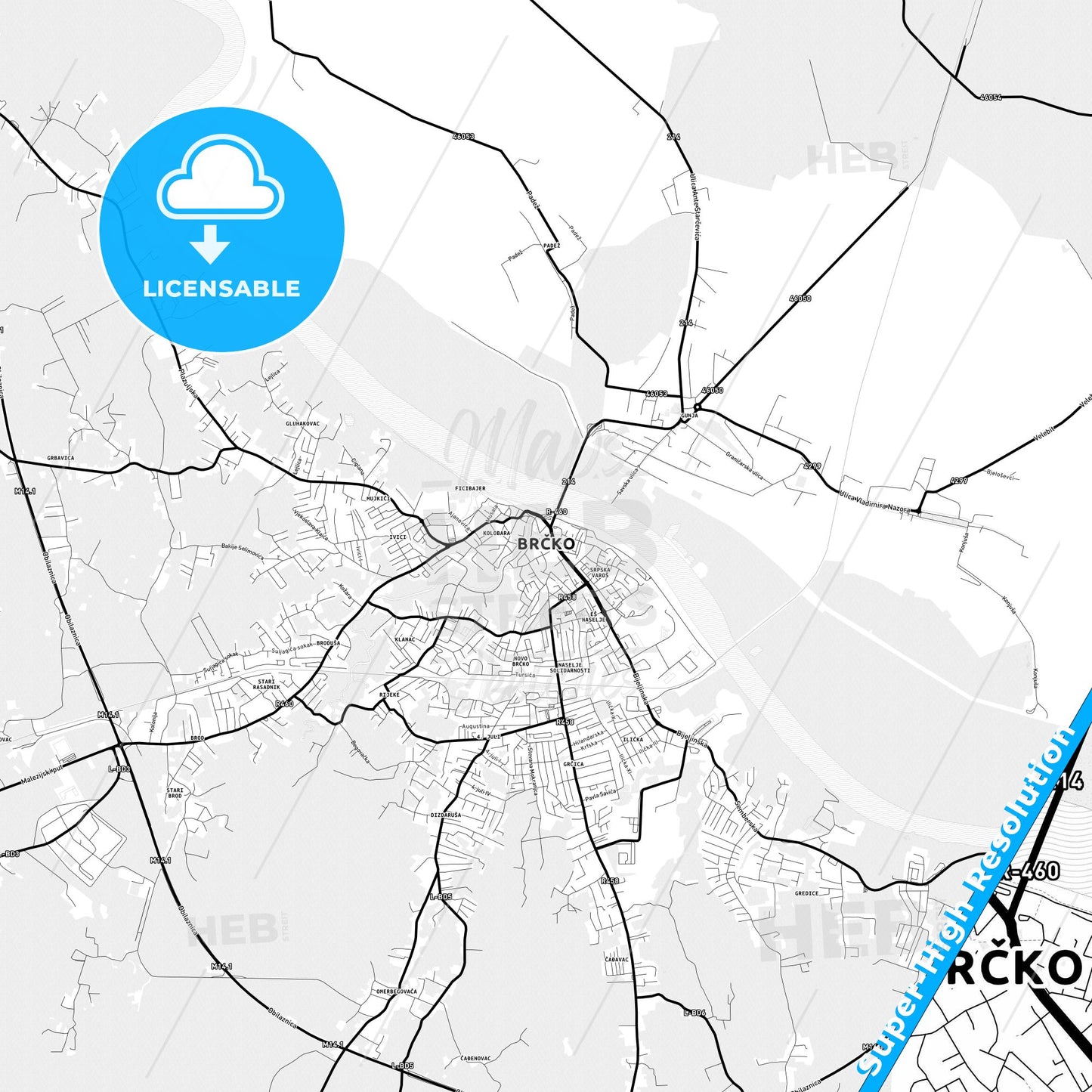 Brčko, Bosnia and Herzegovina Light Map with Street Names, City Names, and Districts