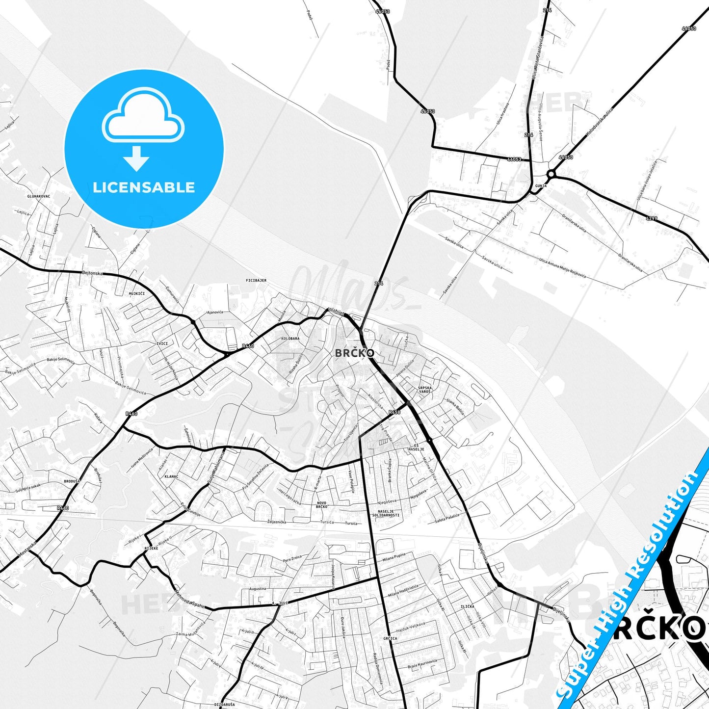 Brčko, Bosnia and Herzegovina Light Map with Street Names, City Names, and Districts