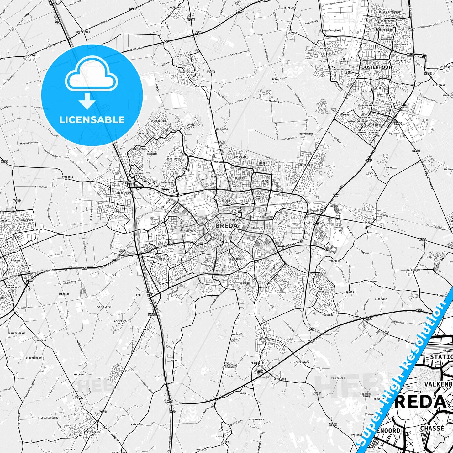 Breda, Netherlands light map with streetnames, citynames and districts