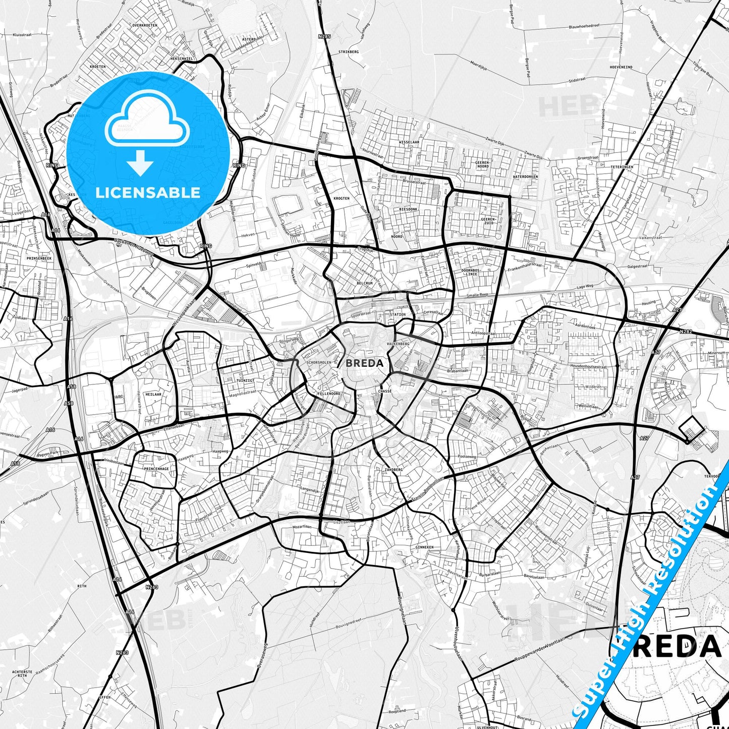 Breda, Netherlands Light Map with Street Names, City Names, and Districts