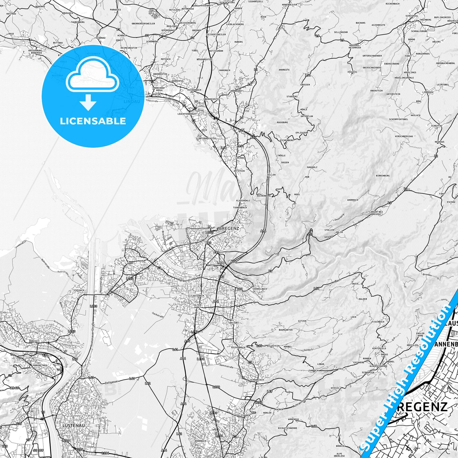 Bregenz, Austria light map with streetnames, citynames and districts