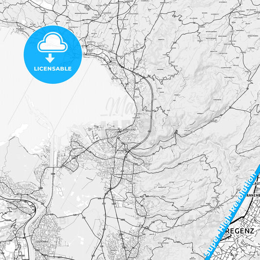 Bregenz, Austria light map with streetnames, citynames and districts