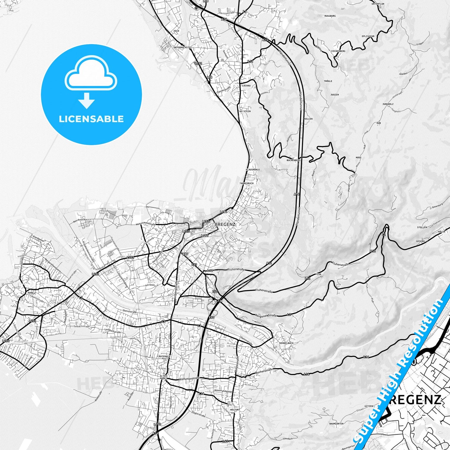 Bregenz, Austria Light Map with Street Names, City Names, and Districts