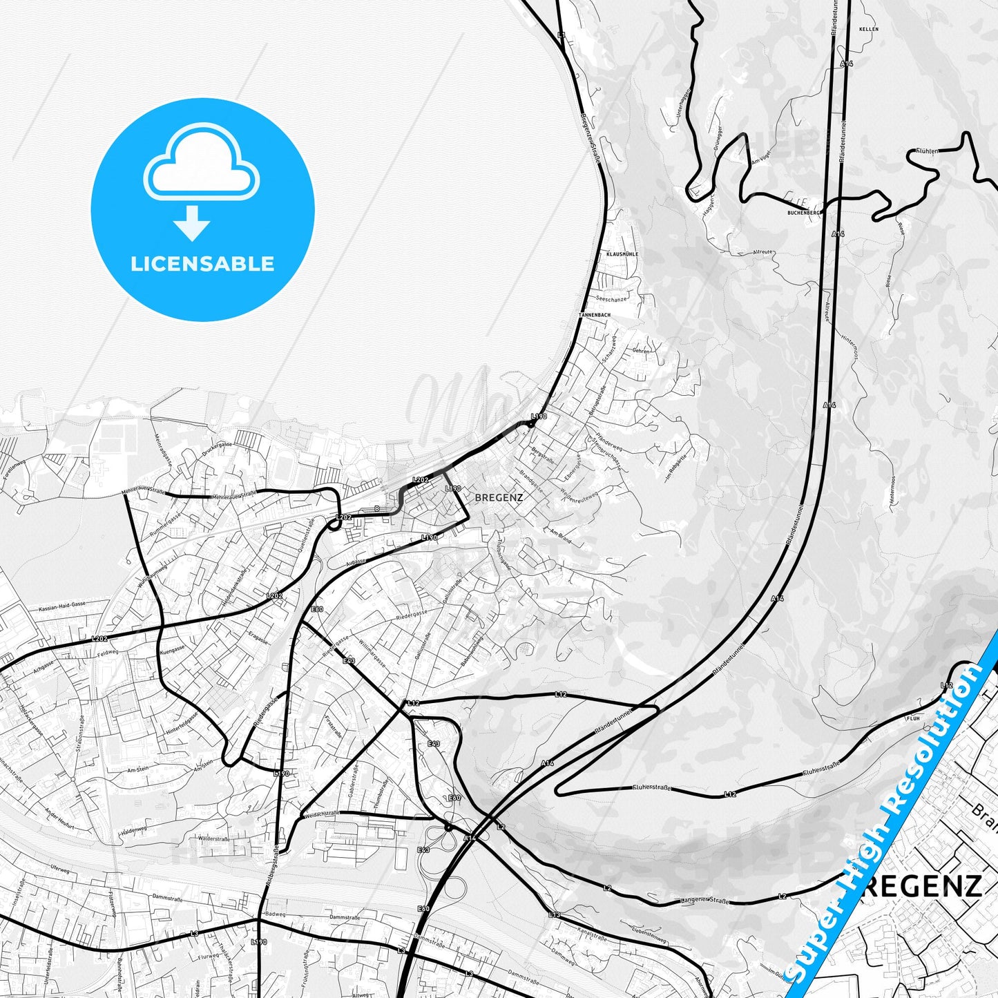 Bregenz, Austria Light Map with Street Names, City Names, and Districts