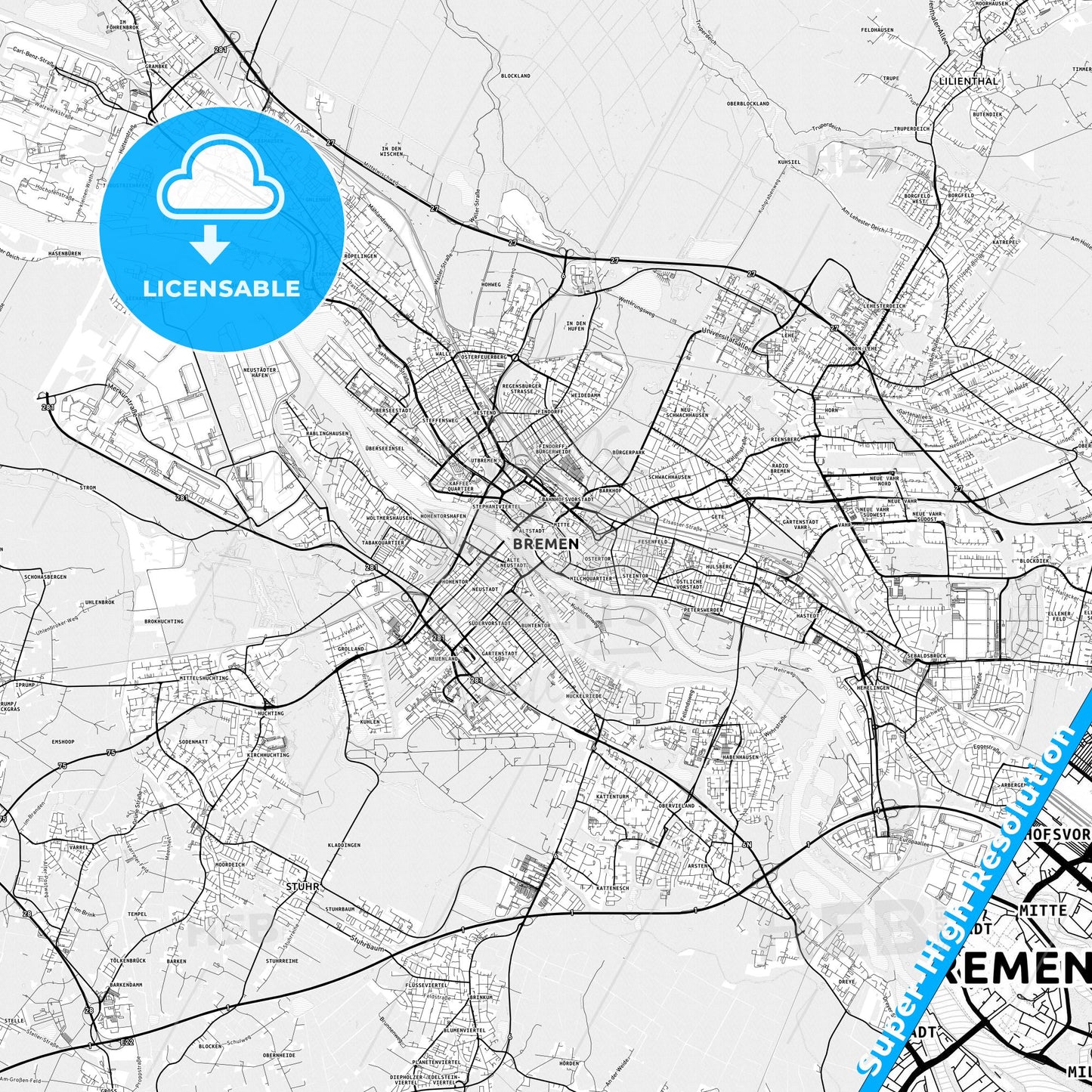 Bremen, Germany light map with streetnames, citynames and districts