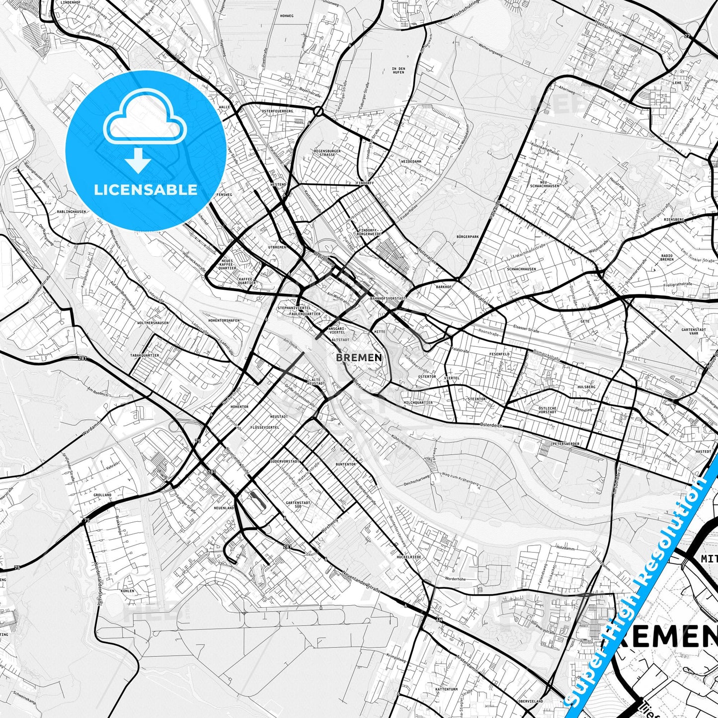 Bremen, Germany Light Map with Street Names, City Names, and Districts