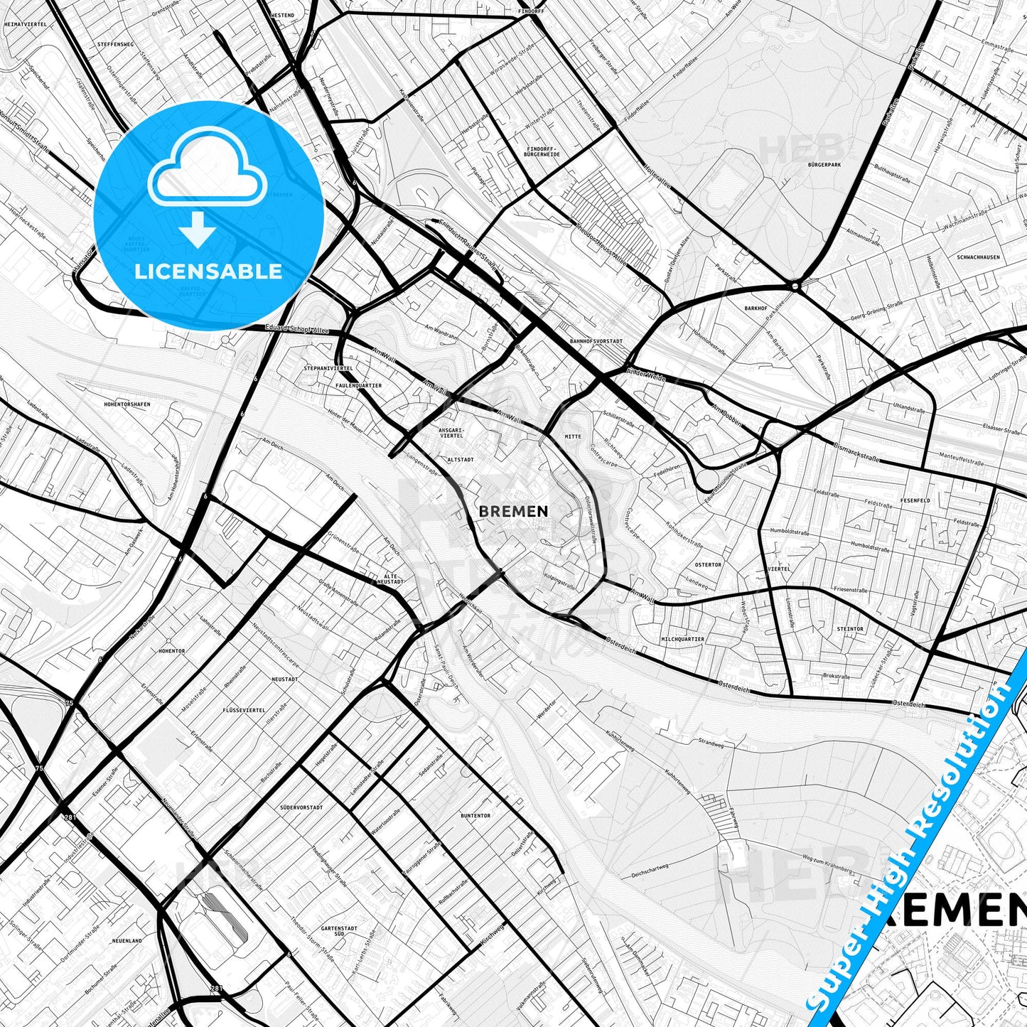 Bremen, Germany Light Map with Street Names, City Names, and Districts