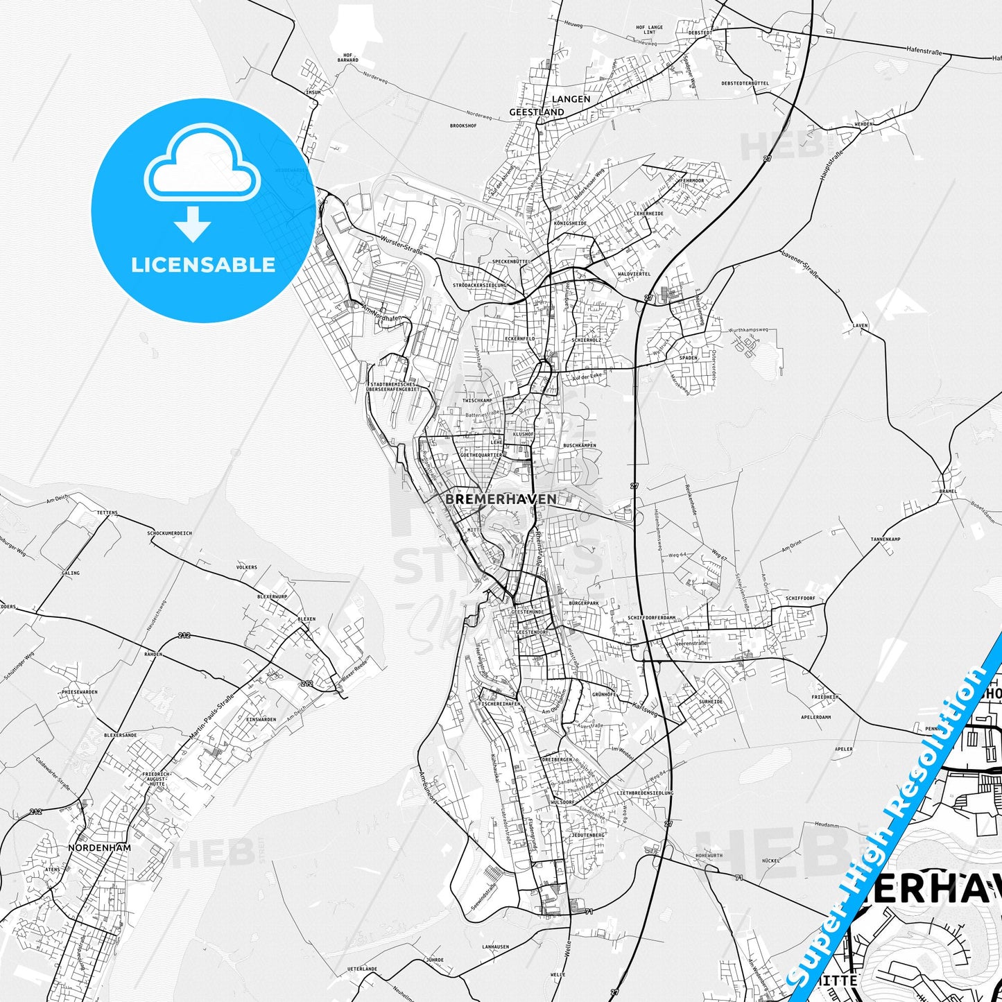 Bremerhaven, Germany light map with streetnames, citynames and districts