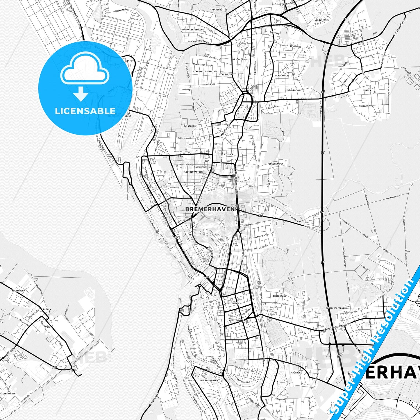 Bremerhaven, Germany Light Map with Street Names, City Names, and Districts