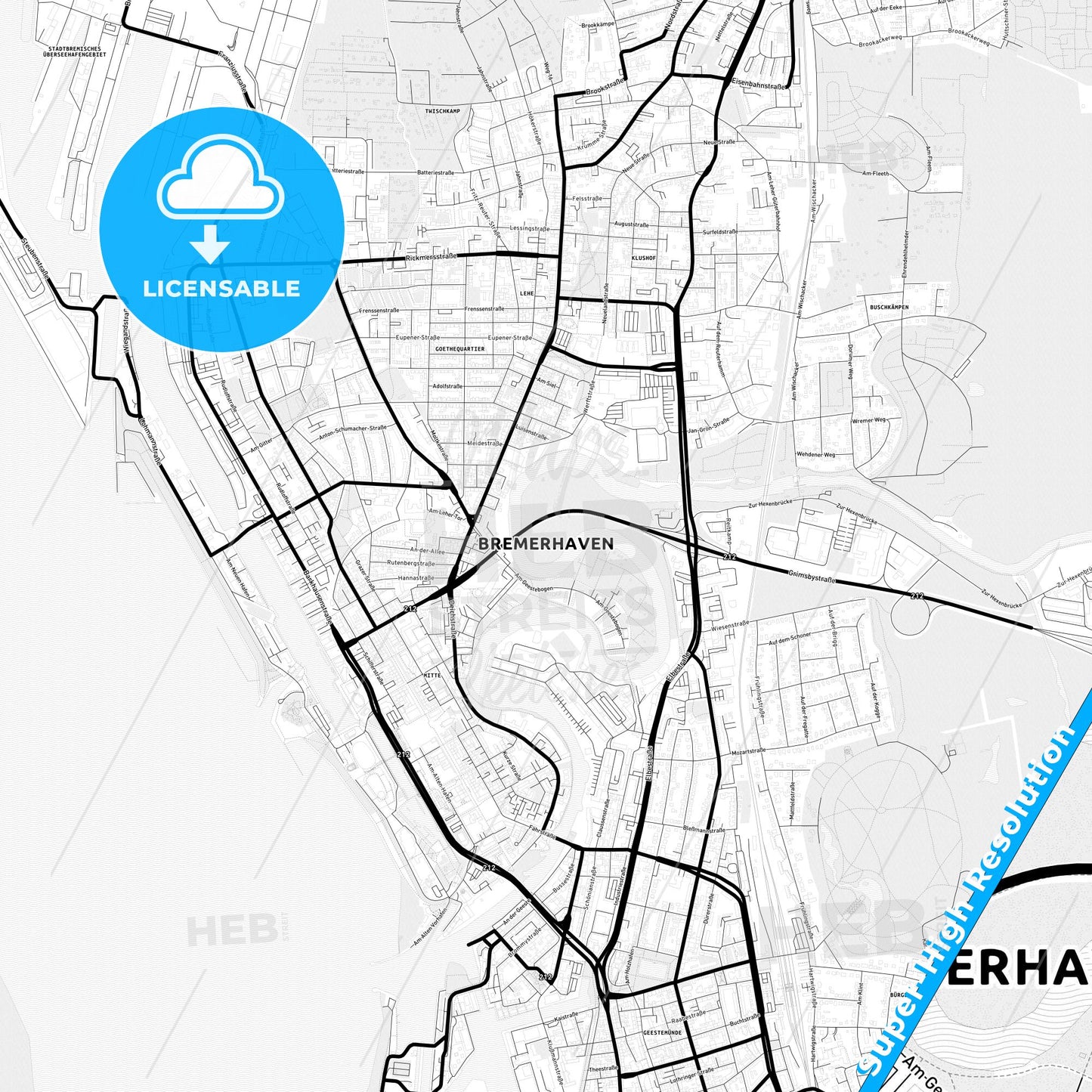 Bremerhaven, Germany Light Map with Street Names, City Names, and Districts