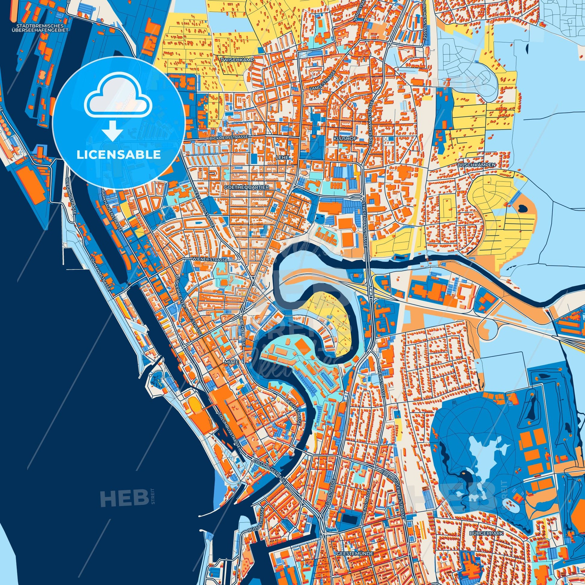 Colorful Bremerhaven Street Map with Labels and Buildings