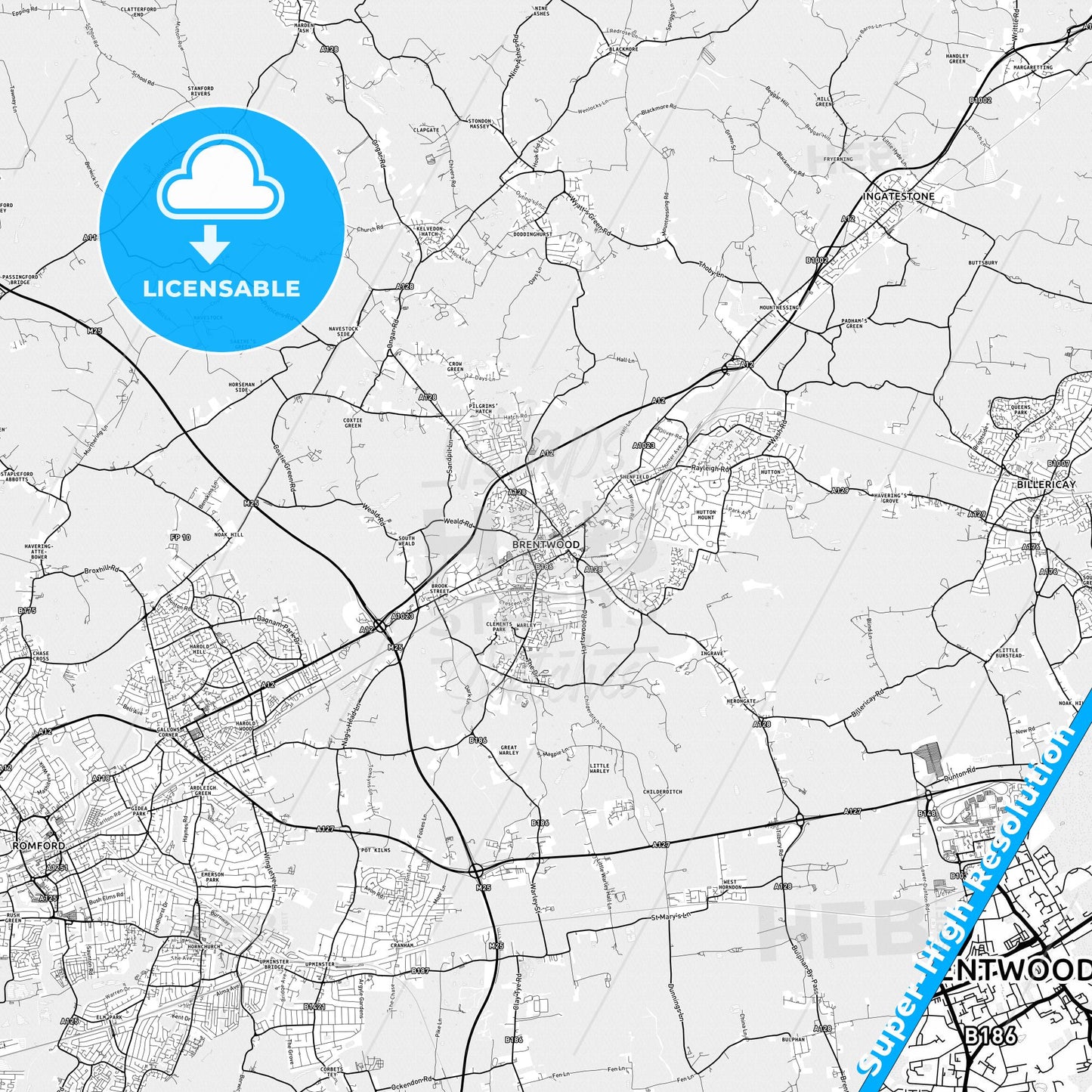 Brentwood, England light map with streetnames, citynames and districts