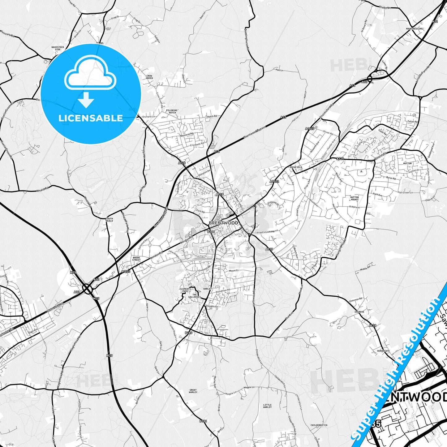 Brentwood, England Light Map with Street Names, City Names, and Districts