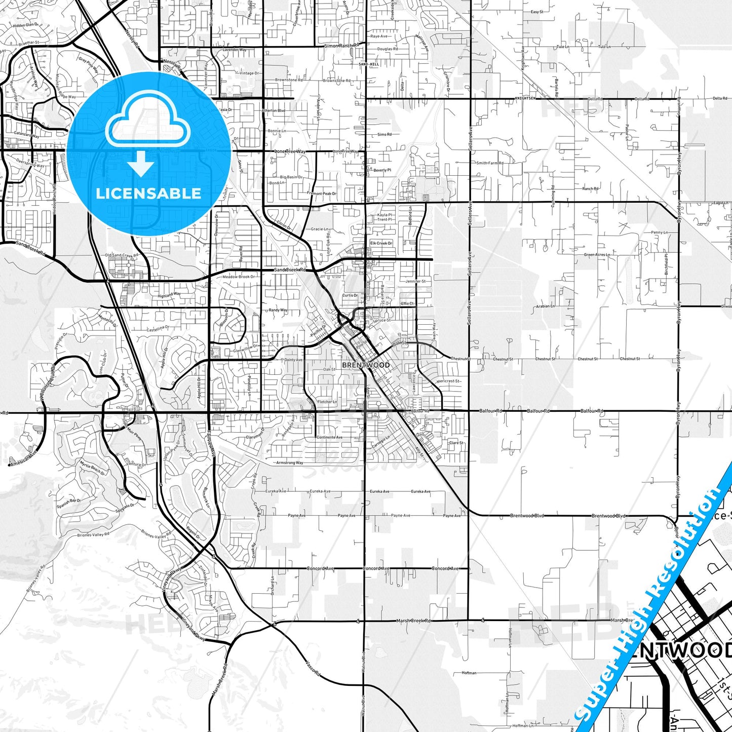 Brentwood, California Light Map with Street Names, City Names, and Districts