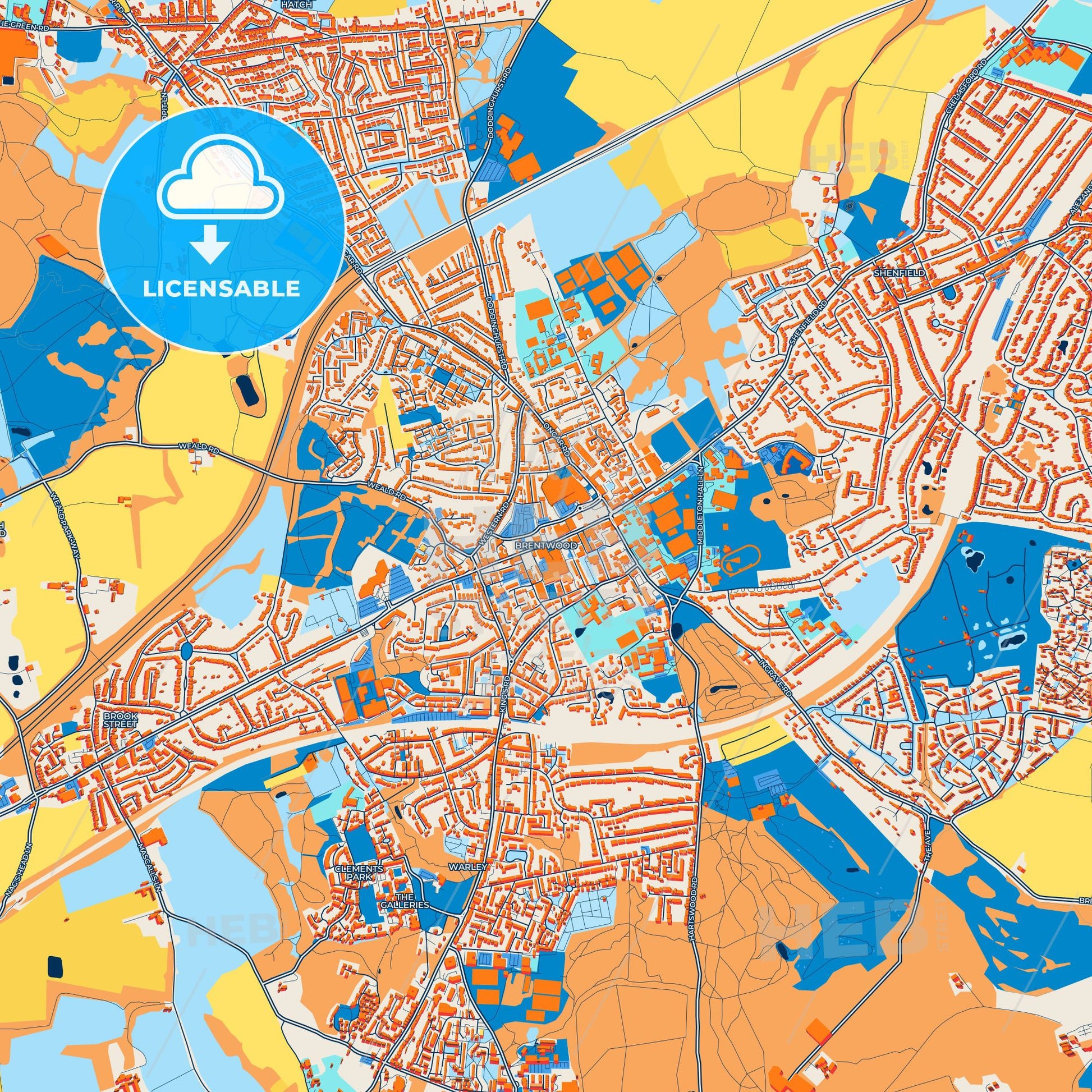 Colorful Brentwood Street Map with Labels and Buildings