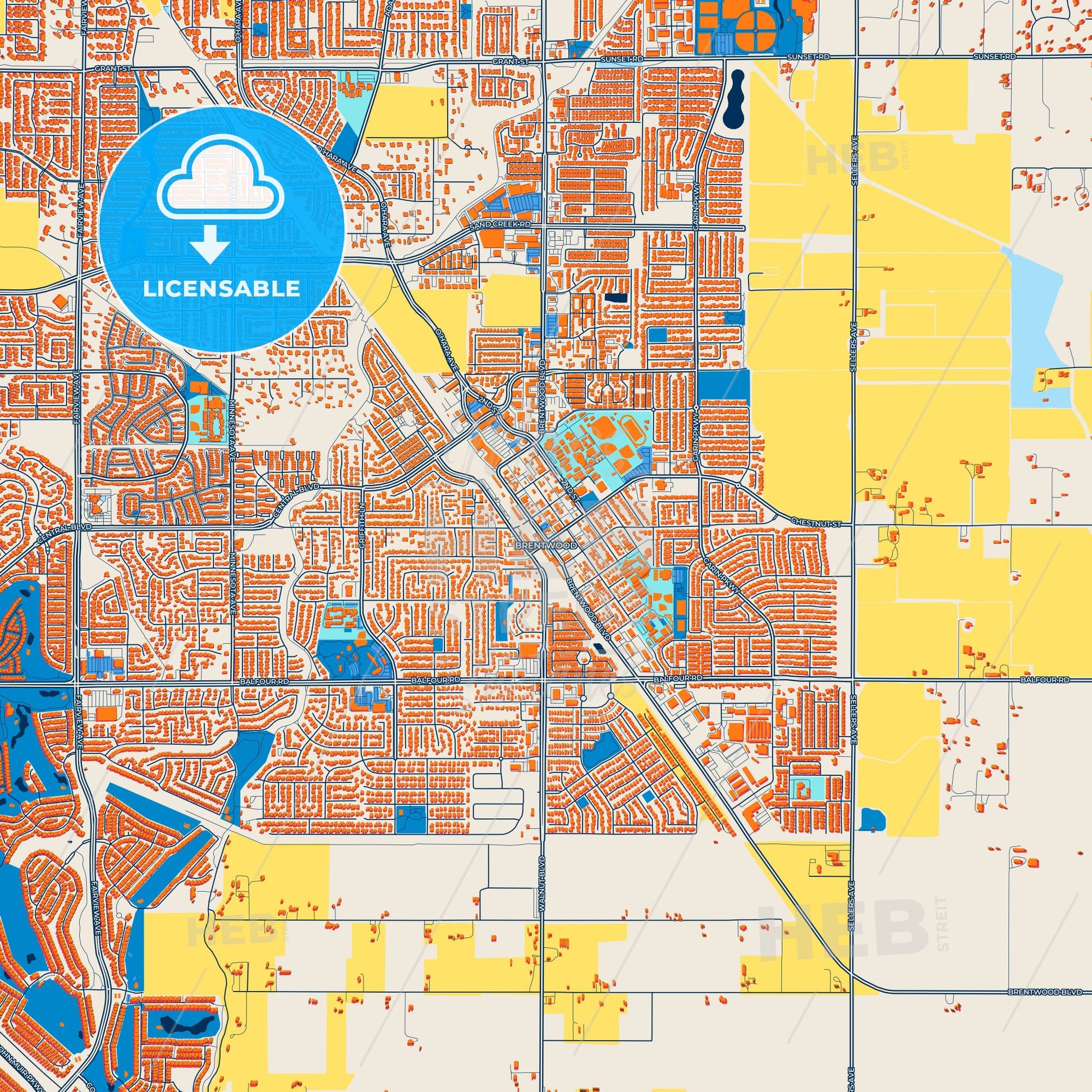 Colorful Brentwood Street Map with Labels and Buildings