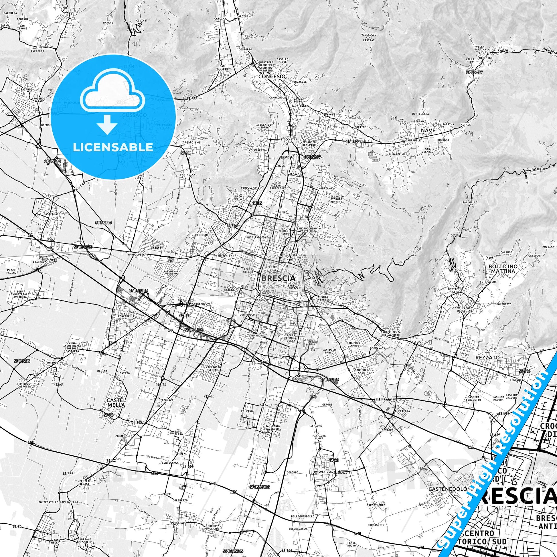 Brescia, Italy light map with streetnames, citynames and districts