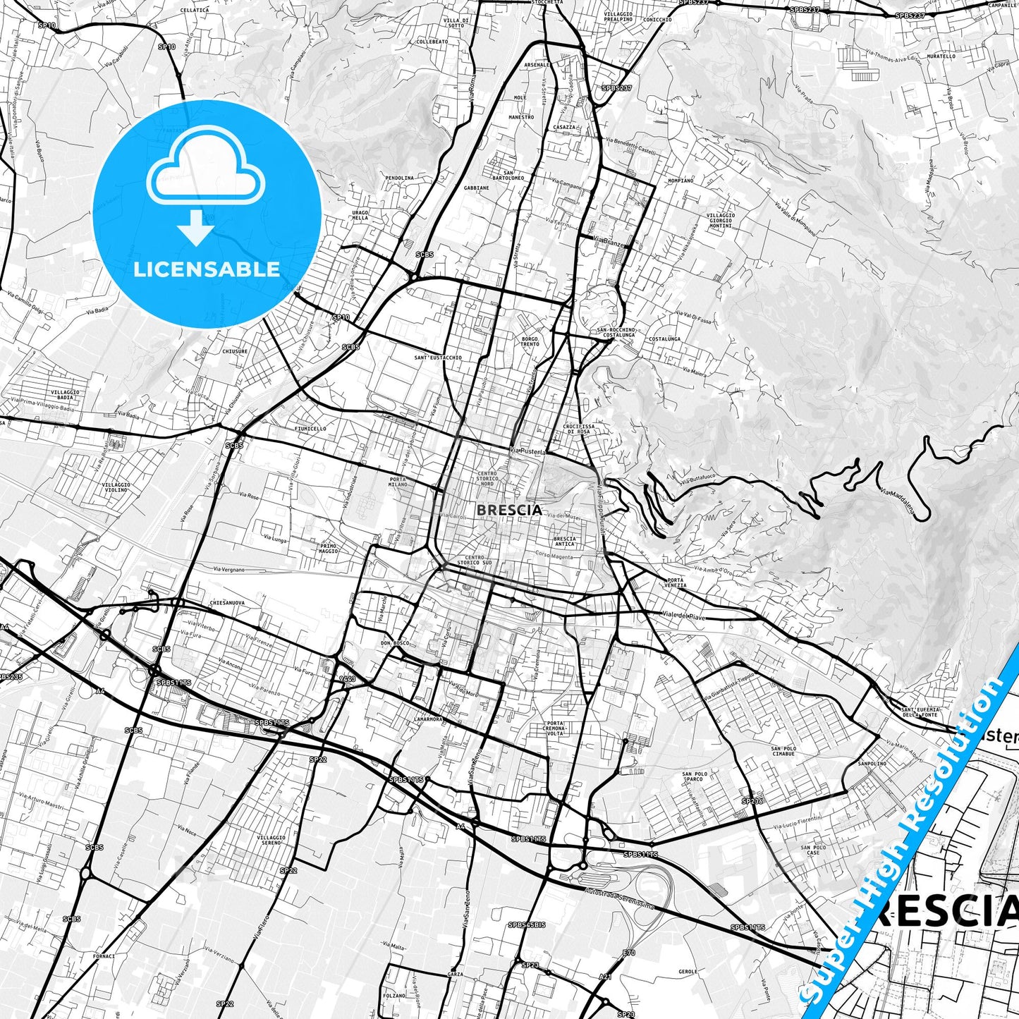 Brescia, Italy Light Map with Street Names, City Names, and Districts