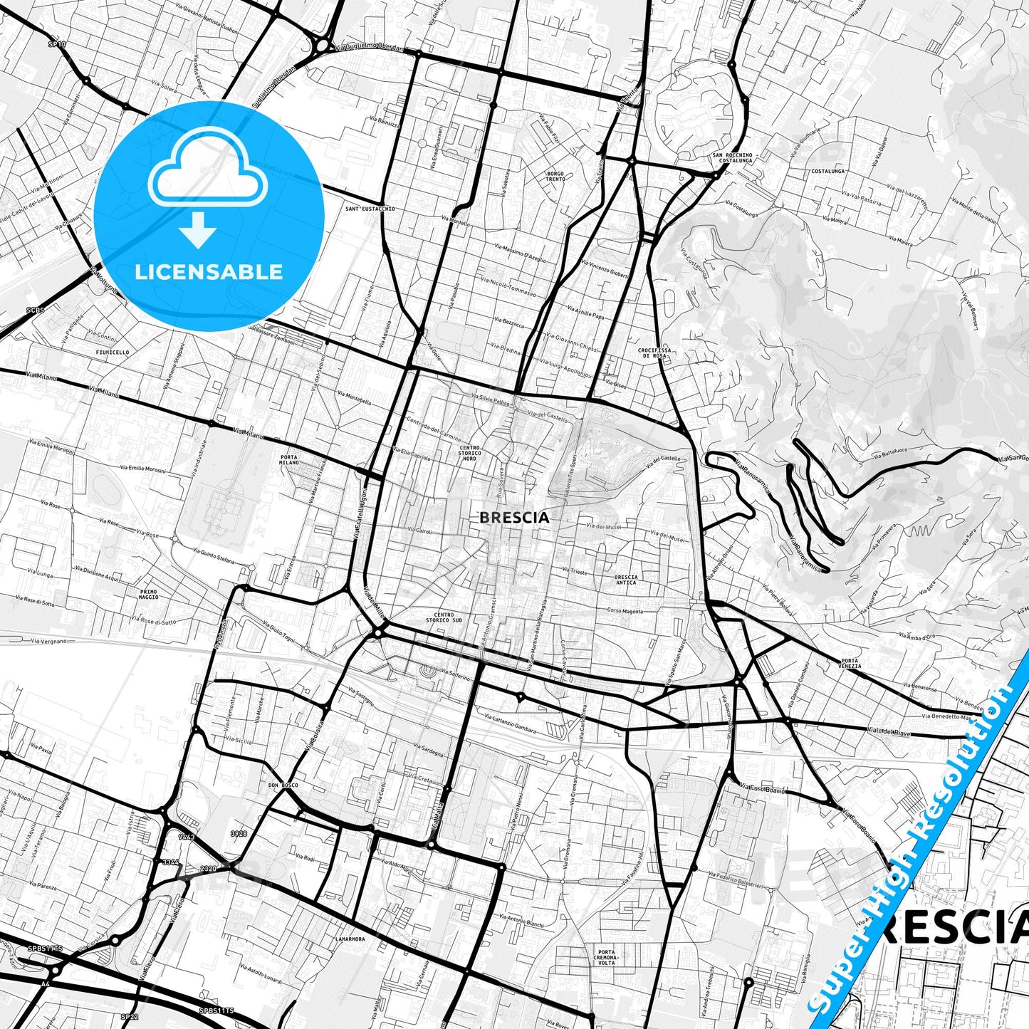 Brescia, Italy Light Map with Street Names, City Names, and Districts