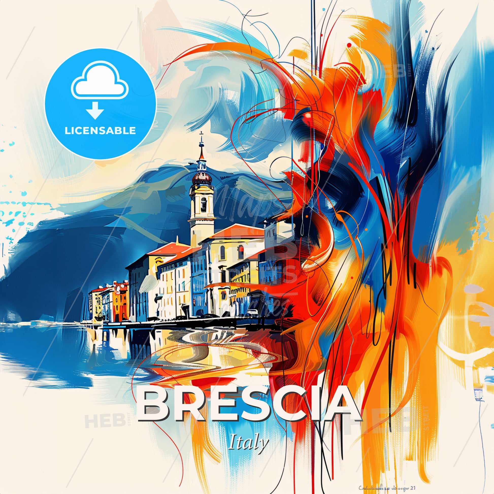 Vibrant Brescia , Italy - A Painting Of A Town With A Tower And A Mountain In The Background - Square format print template