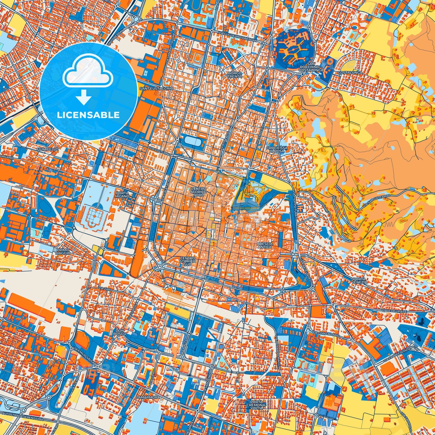 Colorful Brescia Street Map with Labels and Buildings
